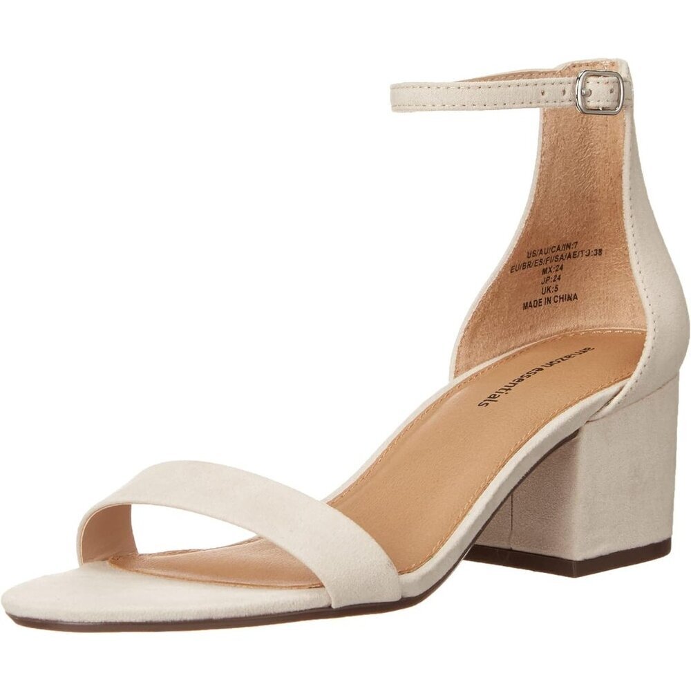 Womens Ivory Faux Suede Two Strap Open Rounded Toe Chunky Block Heeled Sandal